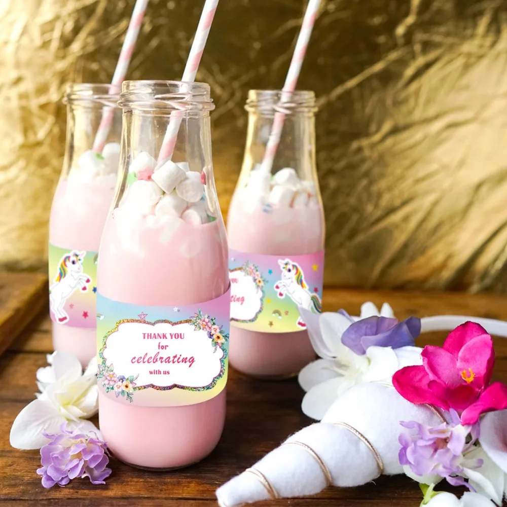 OurWarm Unicorn Party Accessories 12pcs Paper Water Bottle Sticker Unicorn Birthday Party Decoartion Kids Baby Shower Supply