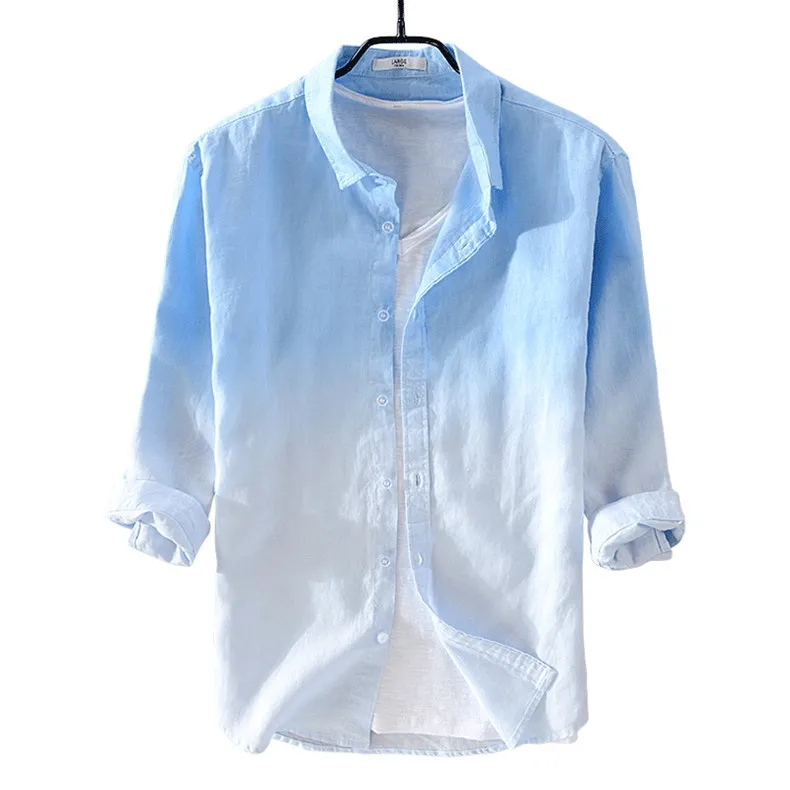 

2019 New summer men's linen shirt men brand Seven-quarter sleeve shirt mens gradient blue shirts male casual camisa dropshipping