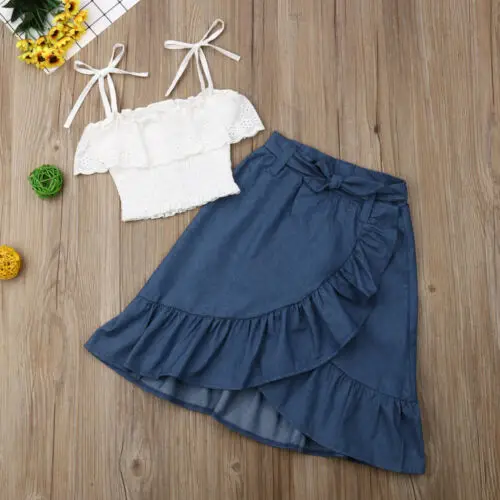 

2-7Years 2Pcs Kids Baby Girls Princess Sling Lace Off Shoulder Top+Ruffle Denim Skirt Outfit Summer Toddler Clothes