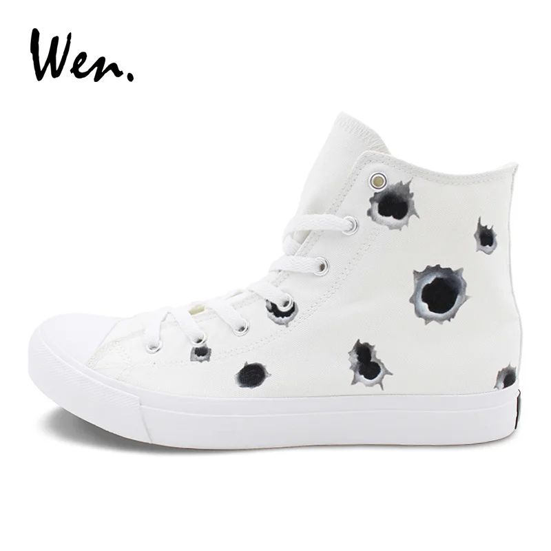 

Wen Original White High Top Canvas Sneakers Bullet Holes Hand Painted Shoes Lace Up Flat Men Women's Skateboarding Shoes