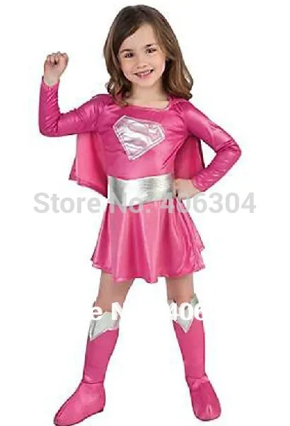 Free shipping ,children hot pink superman girl dress,halloween cosplay party super hero superman costume with cape,boots,belt .