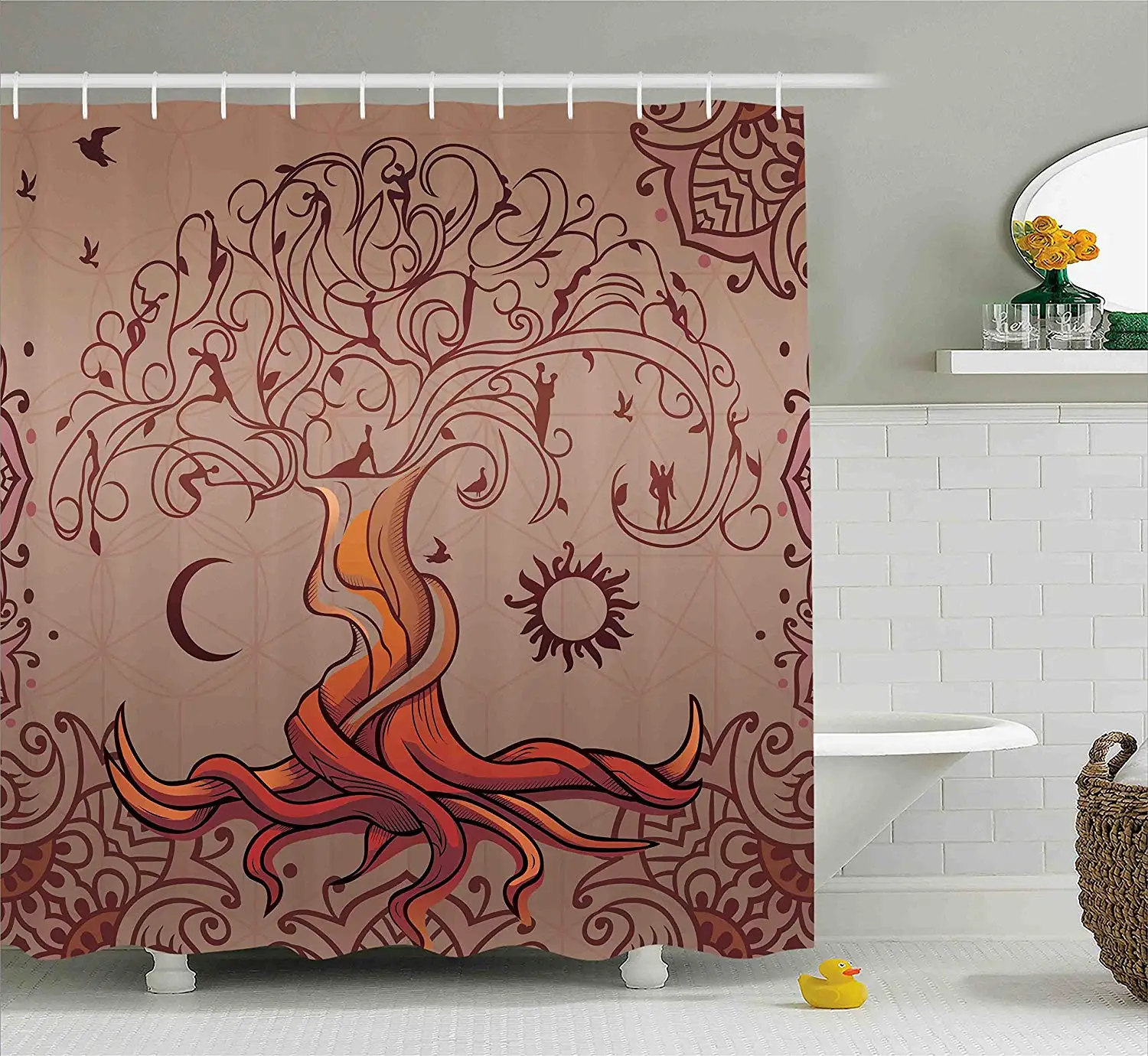 Ethnic Shower Curtain Vintage Tree of Life with Sun and Moon Elf on Branches Enchanted Universe Image Bathroom Decor | Дом и сад