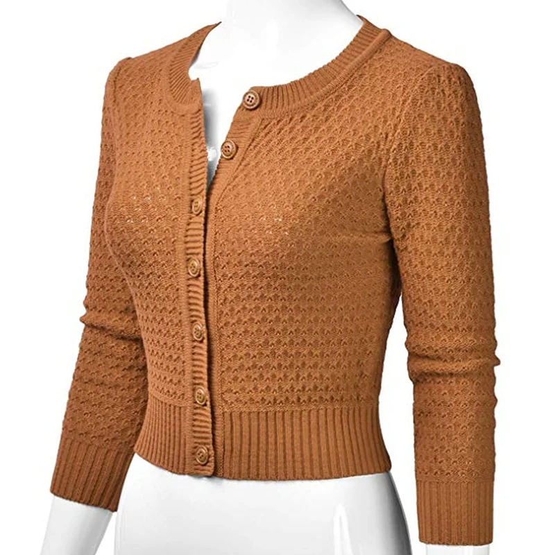 MONERFFI, весна-осень, Женский вязаный кардиган, свитер, 22 цвета, женские топы на пуговицах с длинным рукавом и круглым вырезом, Однотонный свитер, пальто - Цвет: bronze
