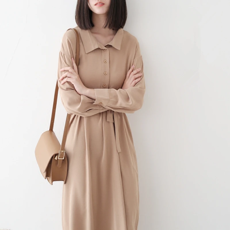 

2018 Spring Female Long Slim Bat Sleeved Dress Dark Blue Fashion Solid Khaki Long Sleeve Loose Casual Straight Dress