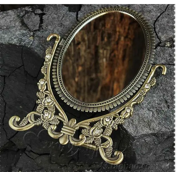 double-face retro bronze foldable alloy metal table makeup dresser desktop cosmetic decorative mirror embossed frame 338C