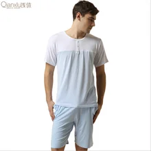 Summer Special Price Men Casual Striped Pajama sets Washed Cotton Sleepwear suit Men's O-neck collar t shirt& Half Pants