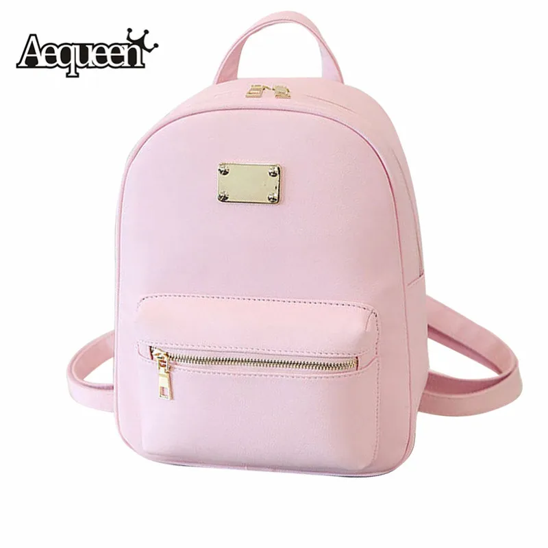 ##BUY AEQUEEN Girls Pink School Bags Women High Quality PU Leather Backpack For Ladies Fashion Solid Backpacks Small Mochilas Travel
