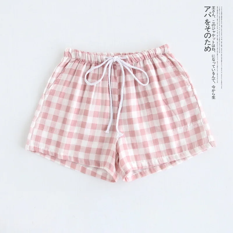 Pink Plaid-Women Для влюбленных, для сна, низ марля хлопок пара Пижамные шорты плед японский Стиль Для мужчин и Для женщин Удобная Свободная Домашняя одежда; повседневная одежда - Цвет: Pink Plaid-Women