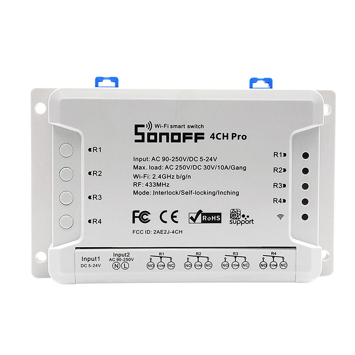 

SONOFF 4CH Pro R2 10A 2200W 433MHz RF Inching/Self-Locking/Interlock Smart Switch WIFI Wireless h APP Remote Automation Module
