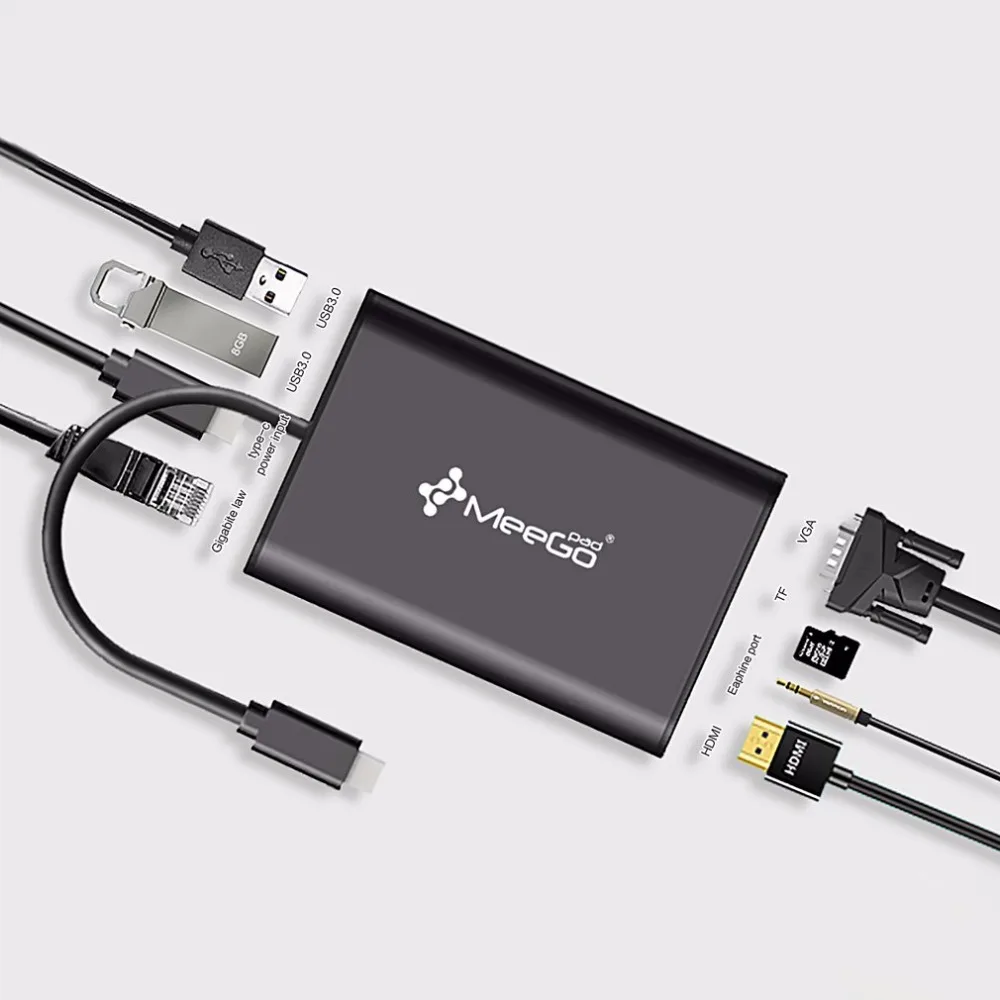 

Multifunction Type-C Hub HD Video HDMI VGA Output Gigabit Ethernet RJ45 Adapter USB 3.0 Ports DSP Support AUDIO TF Cards