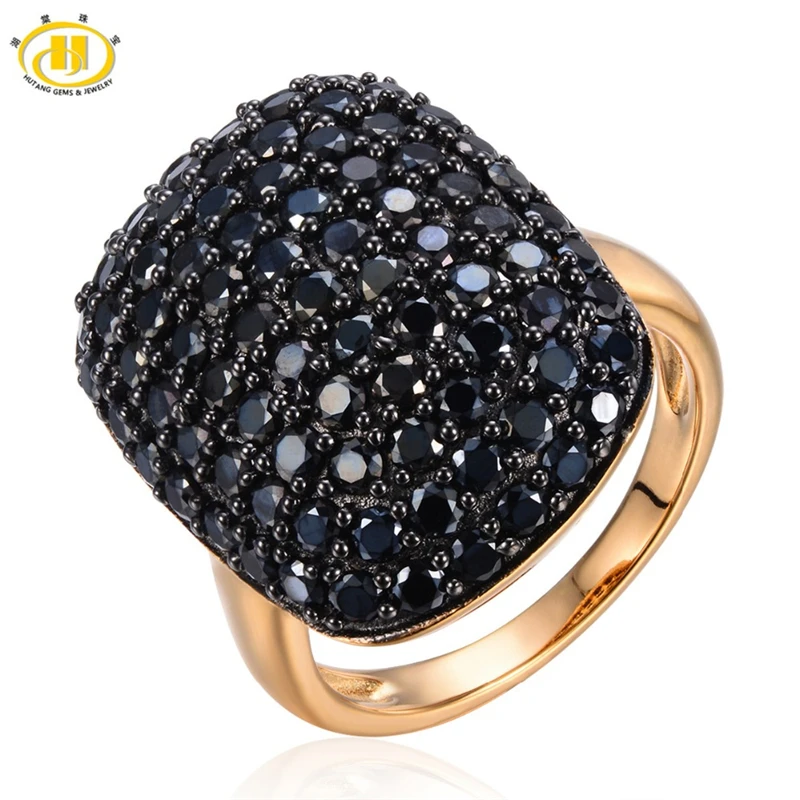 

HUTANG Brand Punk Women Rings Natural Black Spinel Gemsstone Solid 925 Sterling Silver Jewelry Fine Statement Midi Finger Ring