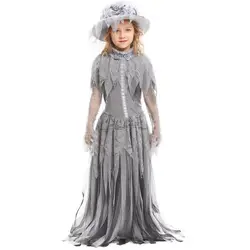 Детский костюм для косплея «призрак невесты», серые сетчатые кружевные платья с черепом, шляпа, комплект из 2 предметов, карнавальный