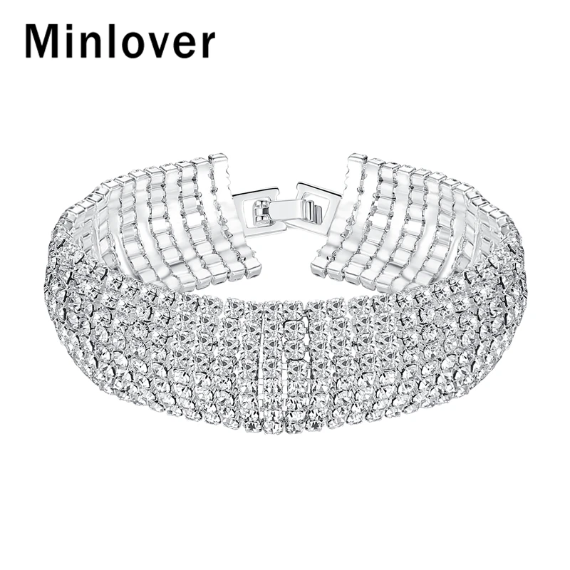 

Minlover Clear 8 Row European Simple Rhinestone Bridal Bracelets for Women Crystal Pulseras Classic Wedding Jewelry MSL341-8