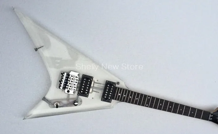 

Shelly new store factory custom white acrylic V shape body guitar ebony fingerboard 6 strings inline tremolo electric guitars