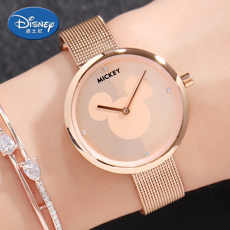 

Disney Brand Original Gift Box Mickey Mouse Women's Watches Stainless Steel Leather Ladies Rose Gold Quartz Clocks Waterproof