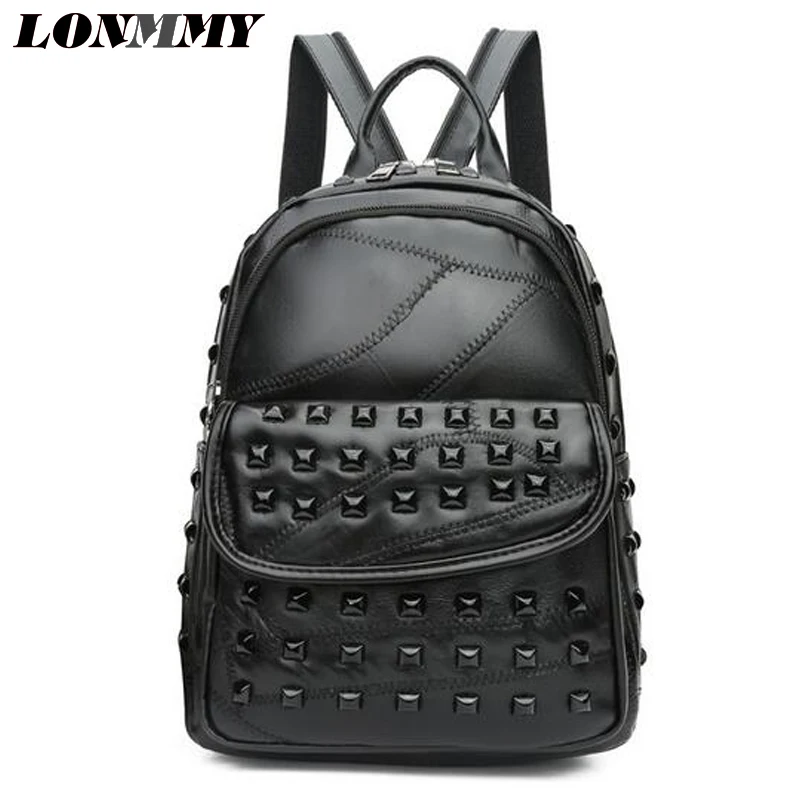 LONMMY 2018 новые черные высококачественные классические Для женщин путешествия рюкзак с заклепками mochila feminina Искусственная Кожа Школьные