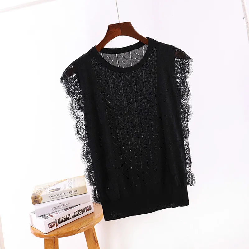 

Spring New Arrival Fashion Lace Sexy Sleeveless Knit Black Vest Girl Women Knitwear Sweet Cute Ladies Tops Short Female Pullover