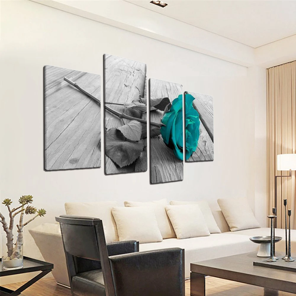 Offerte 4 pezzi di Grandi Dimensioni Blu Rosa Floreale della Tela di canapa di Arte Della Parete Foto su Grigio Spaccatura Set Big Moderna Fiori Complementi Arredo Casa Stampa Multi turchese di Arte