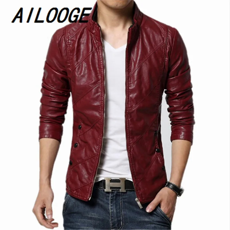 2016 Autumn Winter Faux Leather Red Men's Suede Jackets Men Double Collar Black Slim Fit Brand Mens Motorcycle Jackets and Coats