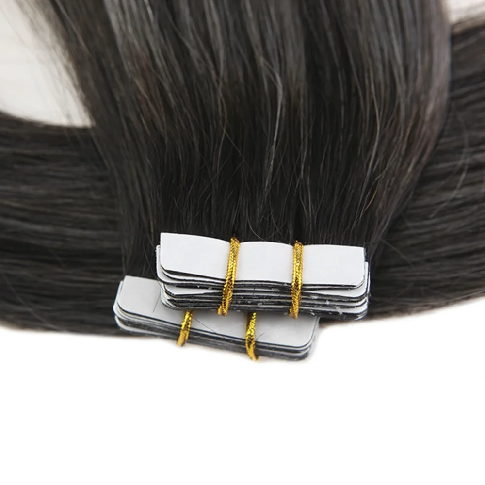 Moresoo Tape in Remy Human Hair Extensions Seamless Skin Weft Adhesive Hair Glue on Extensions Natural Black Fading to Silver