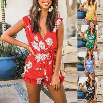 

New Women Summer Boho Sleeveless V Neck Printed Short Jumpsuit Rompers bodysuit body combinaison femme rompers womens jumpsuit