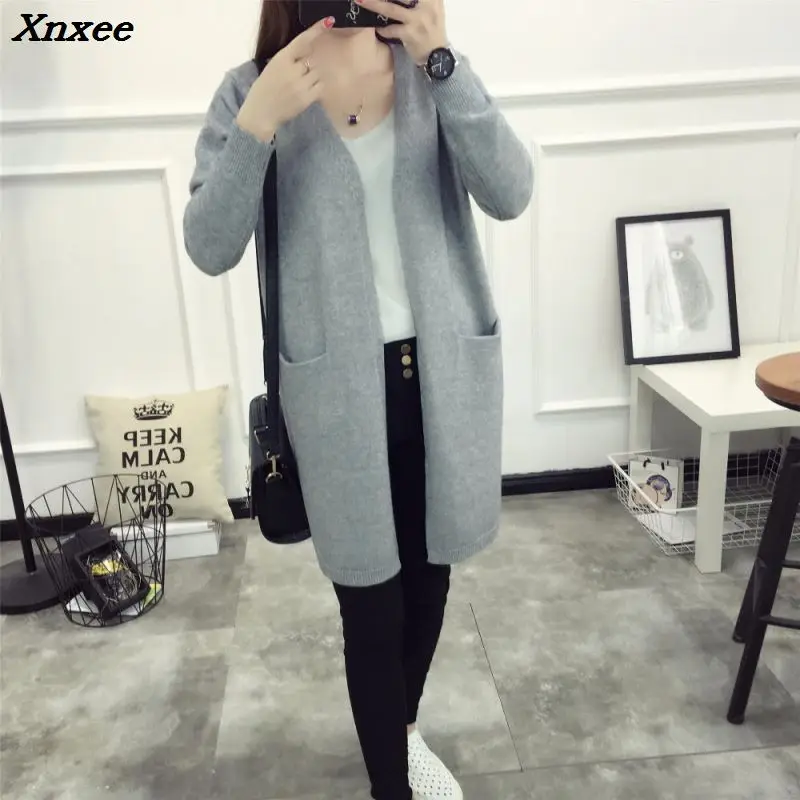 2018 New Style Women Cardigans Autumn Winter Warm V Neck Casual Loose Sweater Knitted Tops with Pocket Xnxee