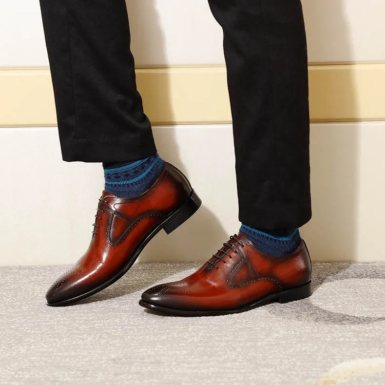 Высококачественные элегантные мужские туфли-оксфорды с медальоном Мужские модельные туфли из натуральной кожи синего, винно-красного цвета свадебные вечерние туфли