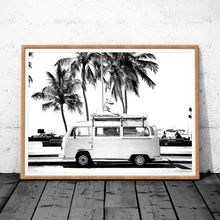 Vintage Coastal Photography Print Retro Van VW Camper And Black Palm Tree Canvas Painting Wall Picture Coastal Art Decor