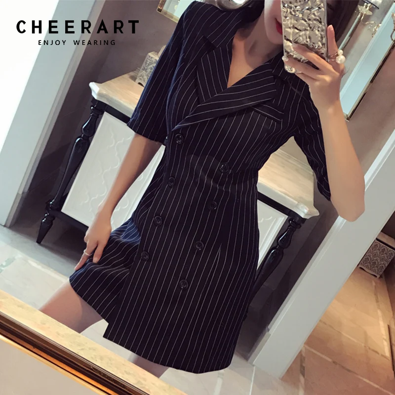 

Cheerart Summer Office Dress Women Striped Lapel Short Sleeve Office Lady Work Dress 2018 Clothes