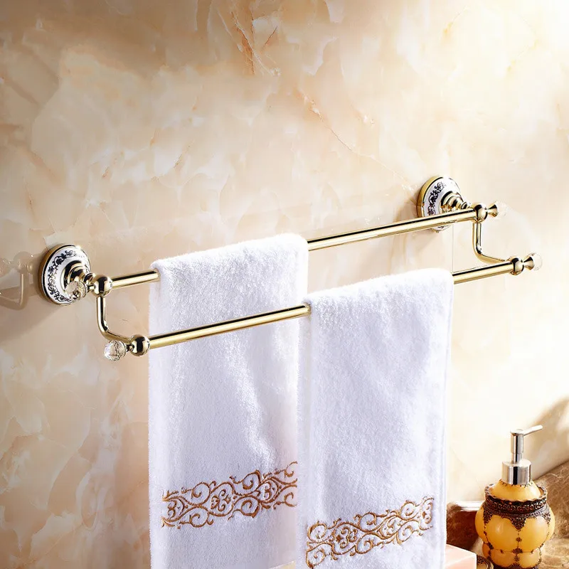 Antique Brass with Crystal Towel Rack Luxury Double Rods Holder Ceramic