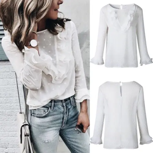 

Autumn Stylish Women Summer Frill Falbala Blouse Front Shirt Long Flare Sleeve Ladies Office Chiffon Tops