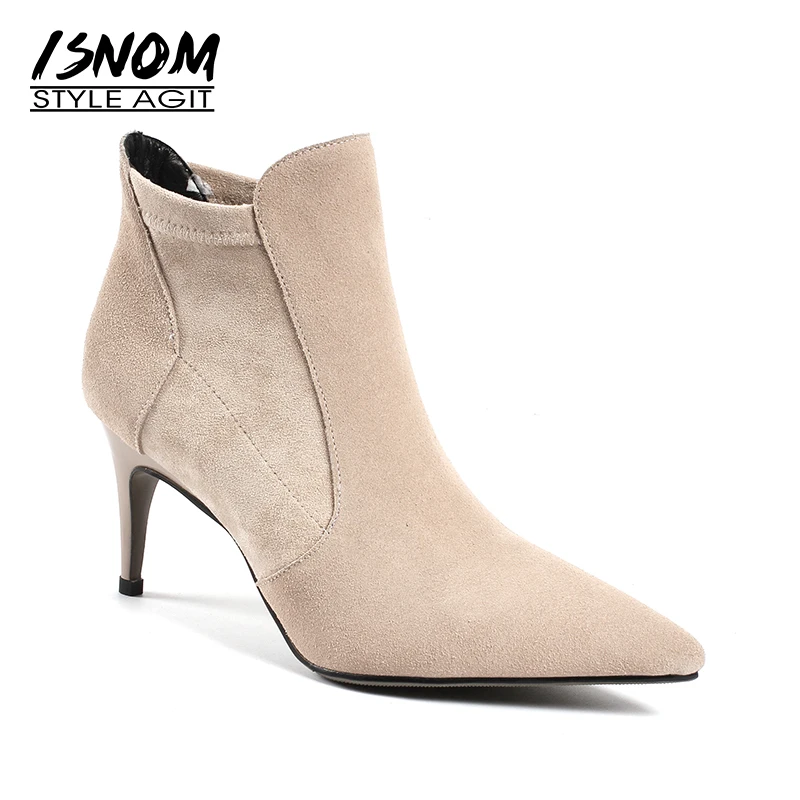 

ISNOM Thin High Heels Women Ankle Boots Pointed Toe Footwear Solid Female Boot Fashion Cow Suede Shoes Women 2018 Autumn Black