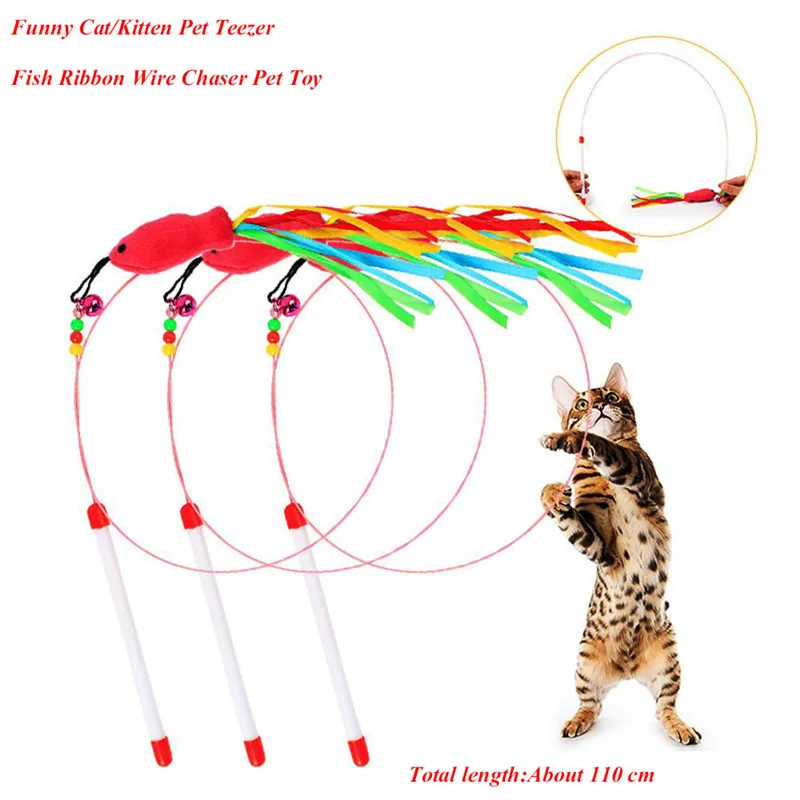

Novelty Funny Cat/Kitten Pet Teezer Fish Ribbon Wire Chaser Pet Toy Wand Beads Play Drop Shipping