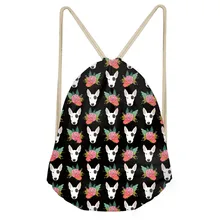 Funny Dog Bull Terrier Floral Printing Girls Drawstrings Bags Softback Sack Bags Woman Large Black Storage Beach BagSumka
