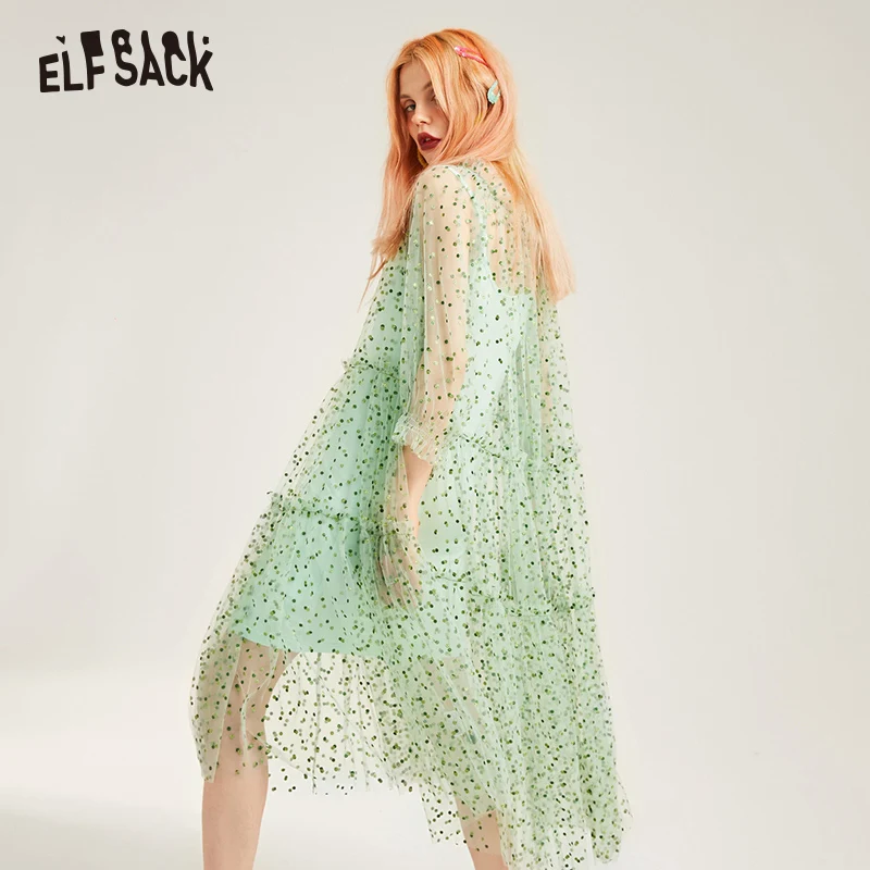 ELF SACK Mesh Dot мятно-зеленые женские платья модное повседневное женское вечернее платье с пайетками летнее милое элегантное женское вечернее платье