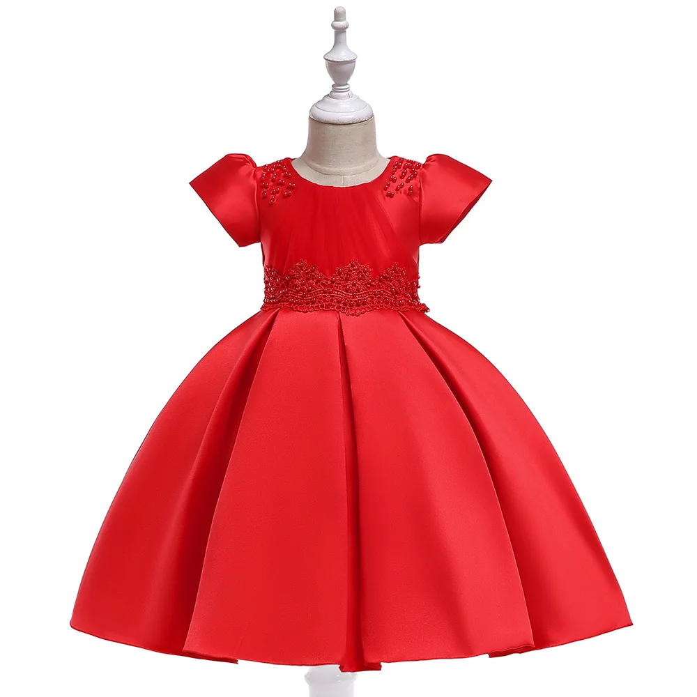 

2019 Children's New Year's Packing Sleeve Nail Pearl Bud Screen Yarn Princess Dress Twill Satin High Waist Pleated Kids Clothing