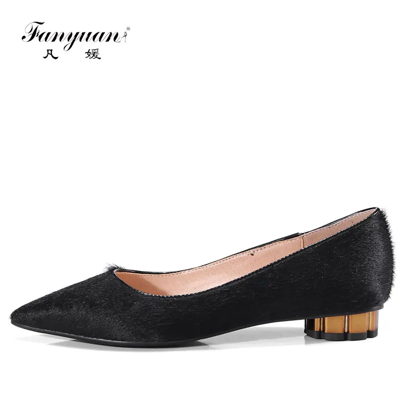 

Fanyuan black fashion spring autumn new single shoes woman pointed toe shallow Genuine Horse hair casual ladies low heels shoes