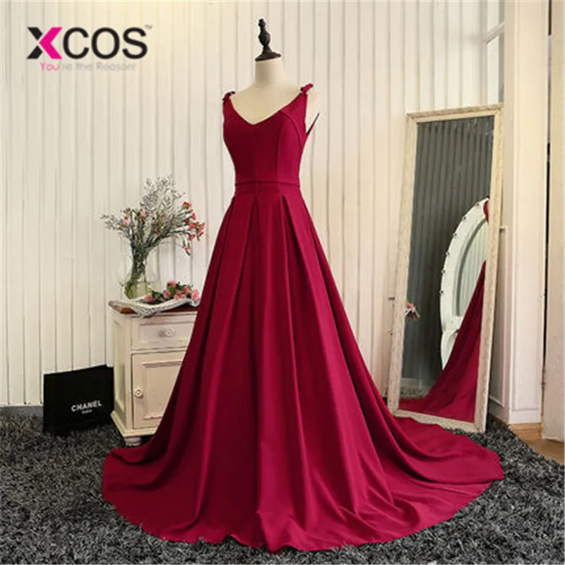 

XCOS Free Shipping Burgundy Satin Long Bridesmaid Dresses 2018 New Fashion Wedding Party Dresses robe Formal dress
