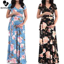 Chivry Maternity Dress Women Floral Print Short Sleeve V-neck Maxi Long Dress Pregnant Casual Clothes Summer Maternity Dress women floral print bohemian maxi dress gypsy wrap maxi dress vintage puff sleeve blossom boho maxi dress spell dress