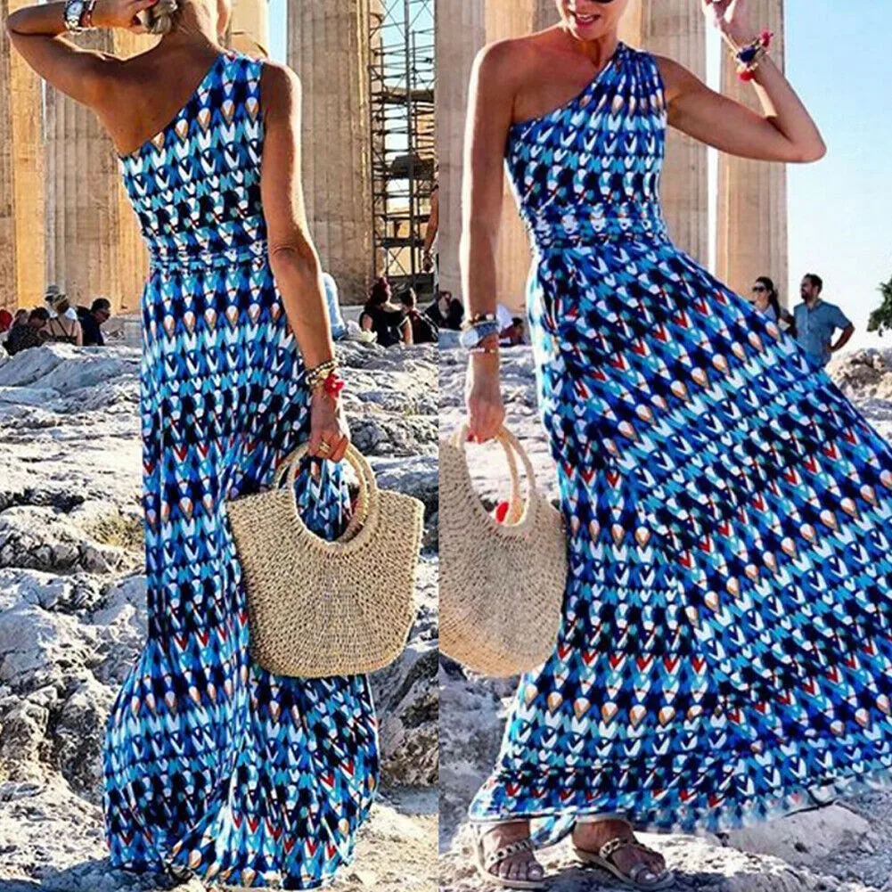 Women Summer Boho Printed Flower One Shoulder Long Dress Evening Party