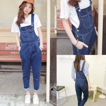 

2018 Autumn New Women Blue Denim Jumpsuit Casual Vintage Pocket Long Jeans Romper Fashion Female Loose Trousers