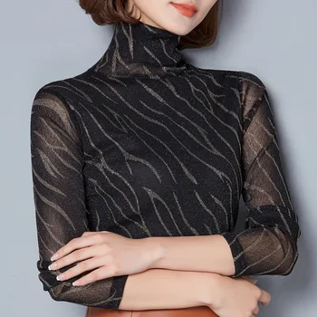 

Winter Spring Women's Korean Fashion Plus Velvet Turtleneck Striped Bling Bling Under T Shirts Tops Female Wholesale T Shirt Tee