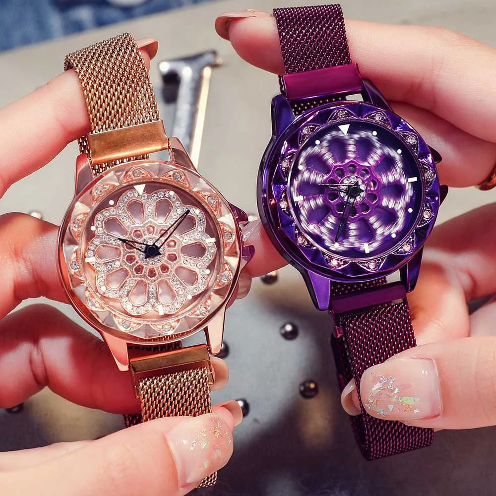 

Luxury Watches Women Mesh Magnet Bracelet 2019 Stainless Steel High Quality Casual Ladies Quartz Wrist Watch 360 Degree Rotation