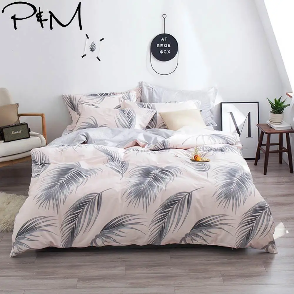 

2019 Grey Leaves Light Pink Duvet Cover Set Twin Queen King Size Cotton Bedding Set Flat Sheet Bedlinens Bed Cover