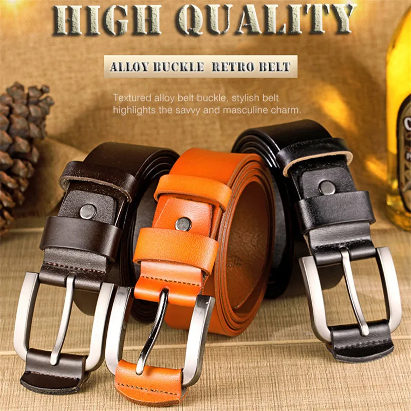 

Vintage Pin Buckle Genuine Leather Belts Alloy Buckles Business Cow Leather Soft Men's Belt Luxury Brand Retro Large Male Belts