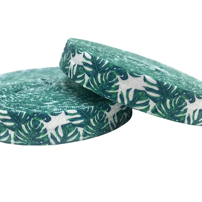 

16mm fold over elastic ribbon 5/8" Tropical leaf printed 10 yards Hair ring DIY handmade sewing clothing accessories band