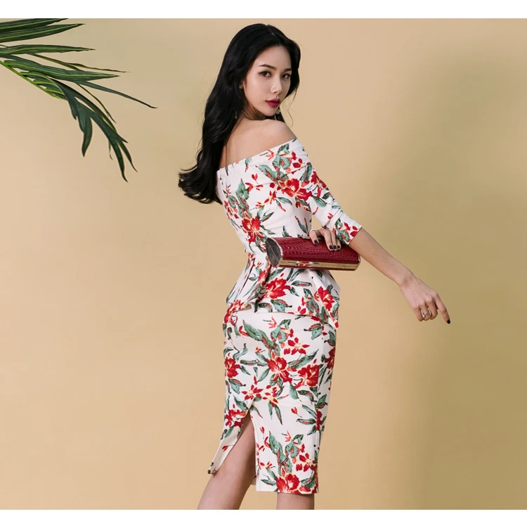 Новое летнее платье с вырезом лодочкой и принтом для офиса, для работы, Vestidos, женское облегающее Платье До Колена, сексуальное цельнокроеное вечернее платье