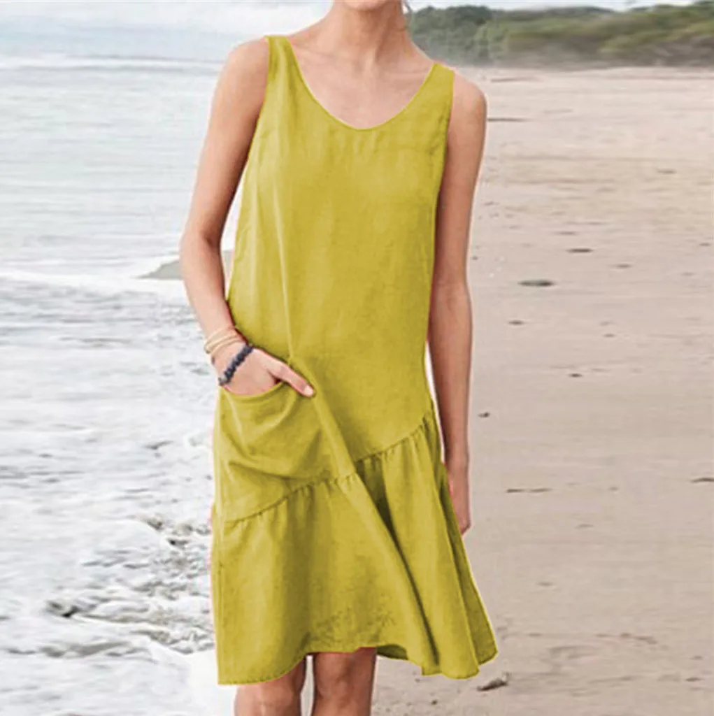 dress women Summer Solid Pockets Pleated O Neck Sleeveless Casual Knee-Length Dresses dress women Summer Solid Pockets Pleated O Neck Sleeveless Casual Knee-Length Dresses