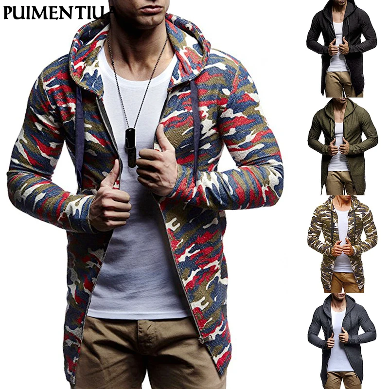 

2019 Fashion Men's Cardigan Sweatshirt Casual Zipper Long Coat Spring Autumn Hooded Male Camouflage Slim Fit Hoodie
