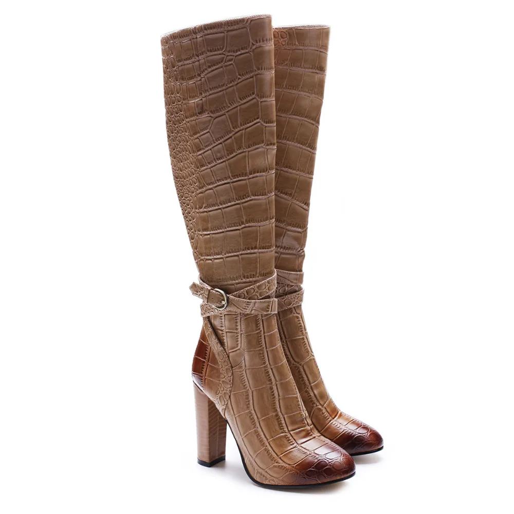

Women Brown Alligator Pattern Pointed Toe Side Zipper Boots Concise Style Ankle Buckle Decoration High Square Heel Winter Shoes